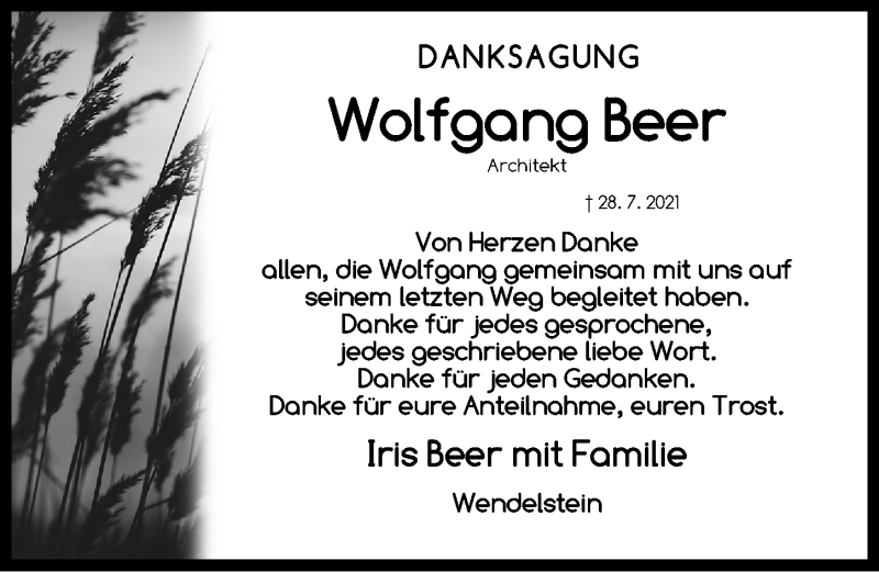  Traueranzeige für Wolfgang Moritz Beer vom 04.09.2021 aus Gesamtausgabe Nürnberger Nachrichten/ Nürnberger Ztg./ Schwabach