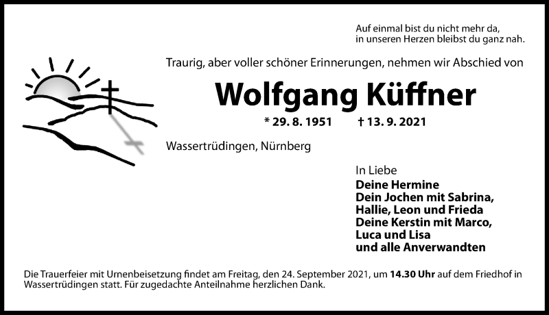 Traueranzeige für Wolfgang Küffner vom 22.09.2021 aus Altmühl-Bote Lokal