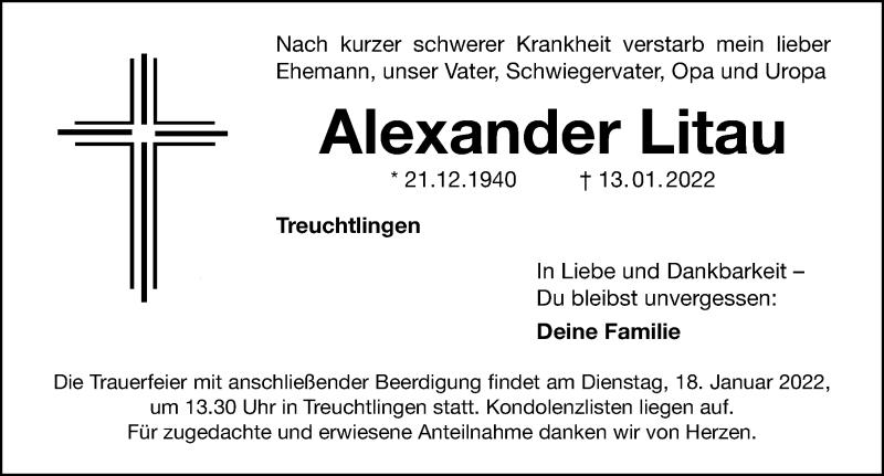  Traueranzeige für Alexander Litau vom 15.01.2022 aus Weißenburger Tagblatt u.Treuchtlinger Kurier Lokal
