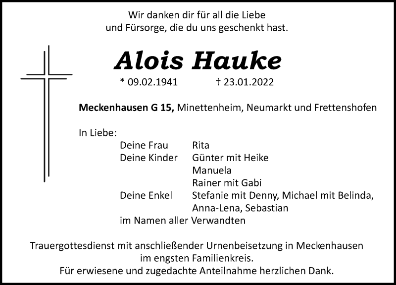  Traueranzeige für Alois Hauke vom 27.01.2022 aus Roth-Hilpoltsteiner Volkszeitung Lokal