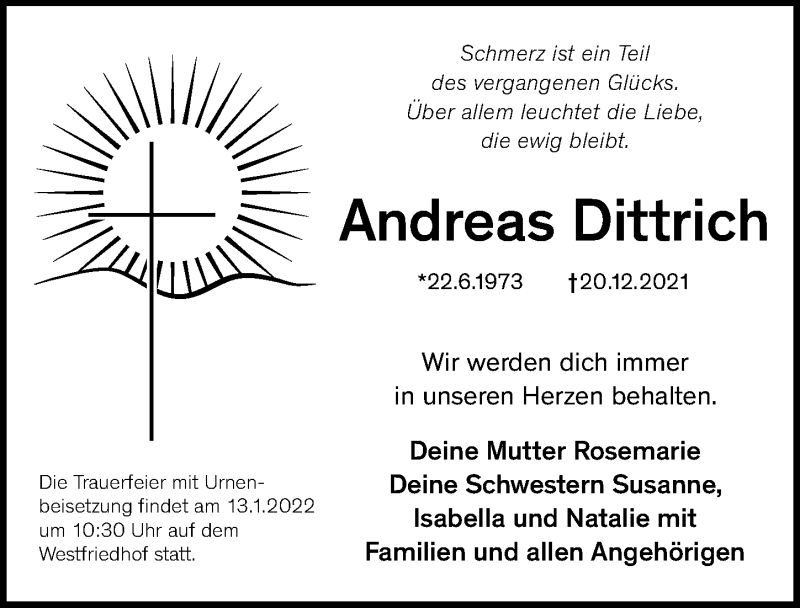  Traueranzeige für Andreas Dittrich vom 10.01.2022 aus Gesamtausgabe Nürnberger Nachrichten/ Nürnberger Ztg.