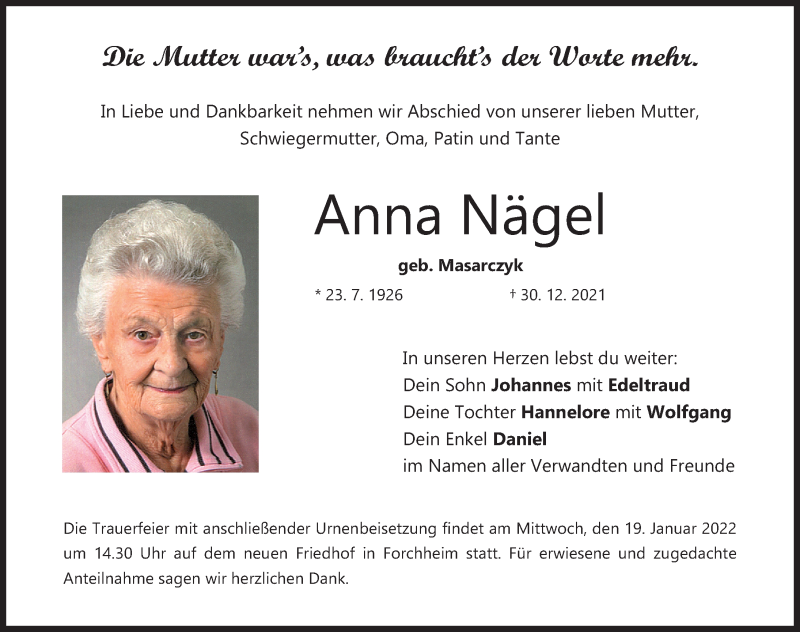  Traueranzeige für Anna Nägel vom 15.01.2022 aus Nordbayerische Nachrichten Forchheim Lokal