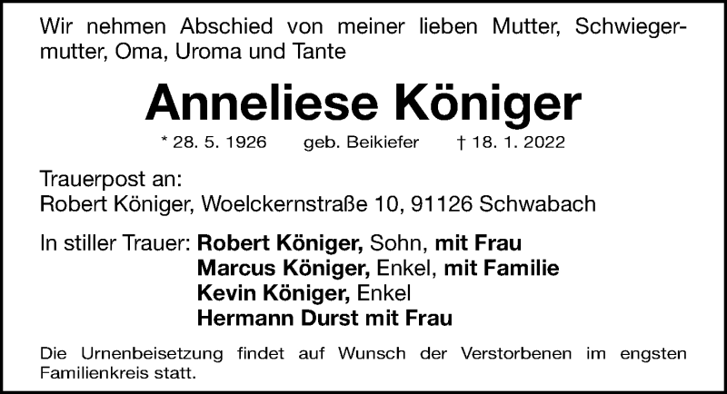  Traueranzeige für Anneliese Königer vom 22.01.2022 aus Gesamtausgabe Nürnberger Nachrichten/ Nürnberger Ztg.