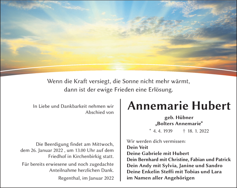 Traueranzeige für Annemarie Hubert vom 22.01.2022 aus Nordbayerische Nachrichten Pegnitz Lokal