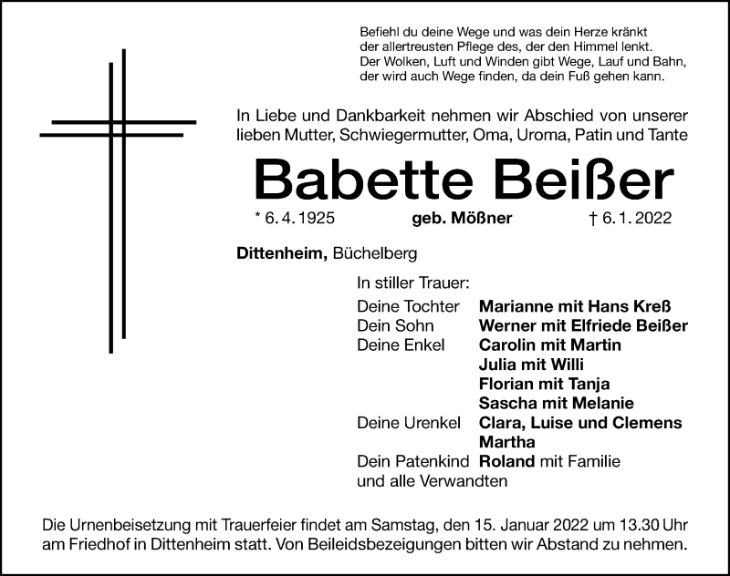  Traueranzeige für Babette Beißer vom 13.01.2022 aus Altmühl-Bote Lokal