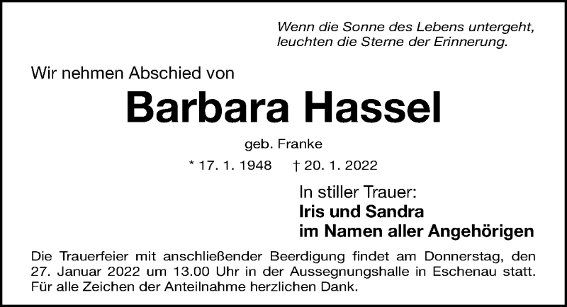  Traueranzeige für Barbara Hassel vom 22.01.2022 aus Gesamtausgabe Nürnberger Nachrichten/ Nürnberger Ztg.