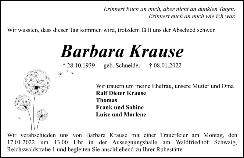  Traueranzeige für Barbara Krause vom 15.01.2022 aus Gesamtausgabe Nürnberger Nachrichten/ Nürnberger Ztg.