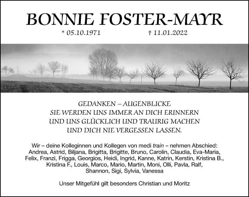  Traueranzeige für Bonnie Foster-Mayr vom 15.01.2022 aus Erlanger Nachrichten/ Nordbayer. Nachrichten Forchheim