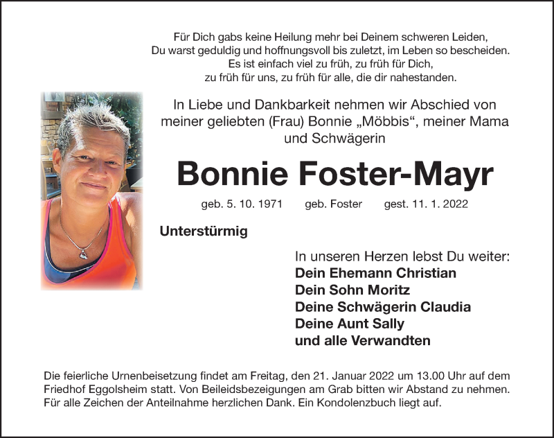  Traueranzeige für Bonnie Foster-Mayr vom 15.01.2022 aus Erlanger Nachrichten Lokal