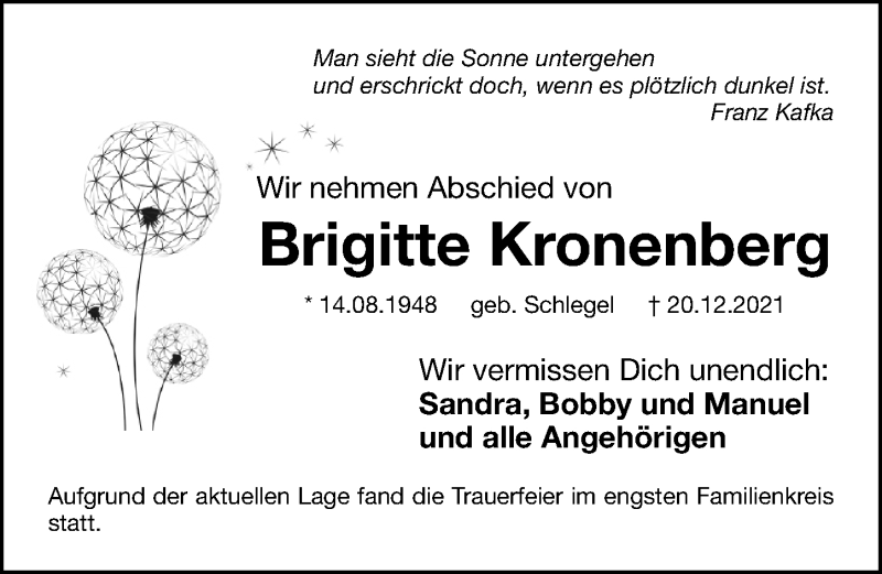  Traueranzeige für Brigitte Kronenberg vom 22.01.2022 aus Gesamtausgabe Nürnberger Nachrichten/ Nürnberger Ztg.