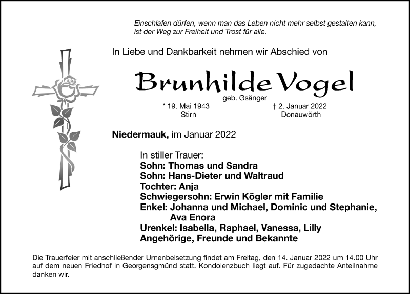  Traueranzeige für Brunhilde Vogel vom 12.01.2022 aus Roth-Hilpoltsteiner Volkszeitung Lokal