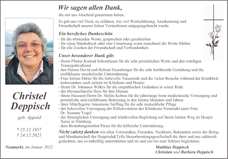  Traueranzeige für Christel Deppisch vom 22.01.2022 aus Neumarkter Nachrichten Lokal