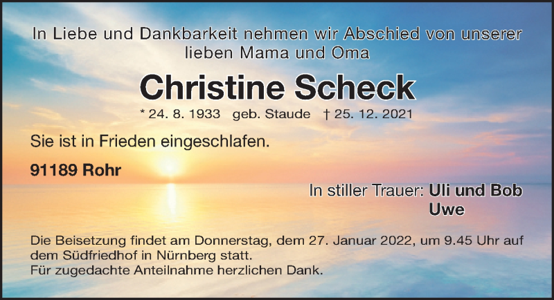  Traueranzeige für Christine Scheck vom 22.01.2022 aus Gesamtausgabe Nürnberger Nachrichten/ Nürnberger Ztg.