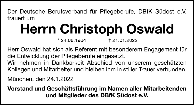  Traueranzeige für Christoph Oswald vom 27.01.2022 aus Gesamtausgabe Nürnberger Nachrichten/ Nürnberger Ztg.