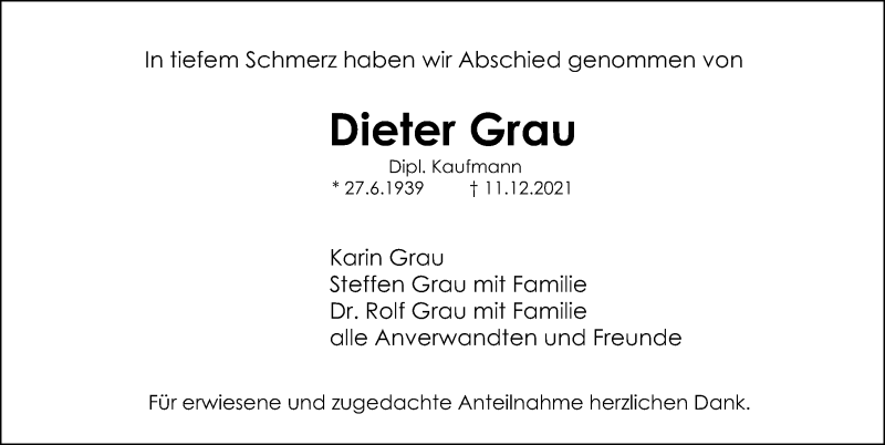  Traueranzeige für Dieter Grau vom 15.01.2022 aus Schwabacher Tagblatt Lokal