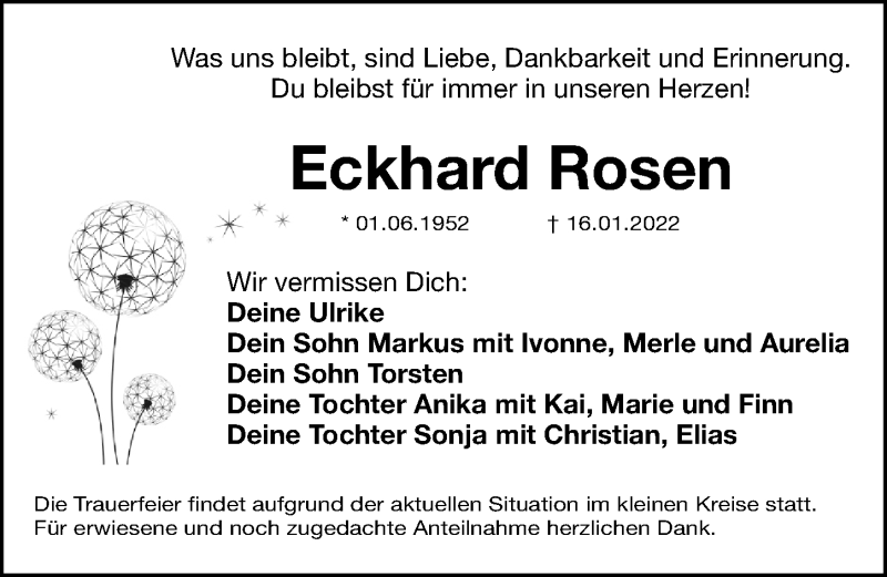  Traueranzeige für Eckhard Rosen vom 22.01.2022 aus Gesamtausgabe Nürnberger Nachrichten/ Nürnberger Ztg.