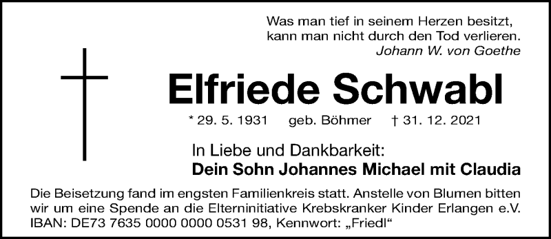  Traueranzeige für Elfriede Schwabl vom 15.01.2022 aus Gesamtausgabe Nürnberger Nachrichten/ Nürnberger Ztg.