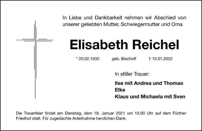  Traueranzeige für Elisabeth Reichel vom 15.01.2022 aus Fürther Nachrichten Lokal