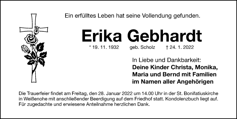  Traueranzeige für Erika Gebhardt vom 27.01.2022 aus Nordbayerische Nachrichten Forchheim Lokal