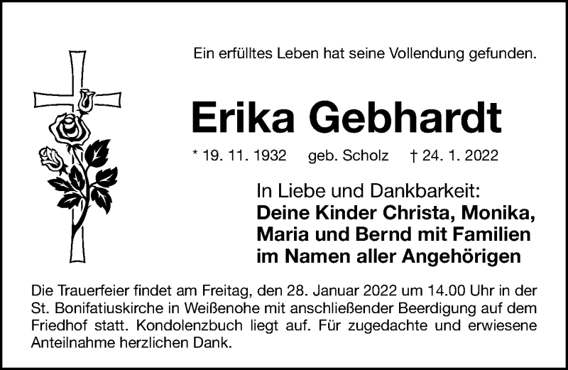  Traueranzeige für Erika Gebhardt vom 27.01.2022 aus Gesamtausgabe Nürnberger Nachrichten/ Nürnberger Ztg.