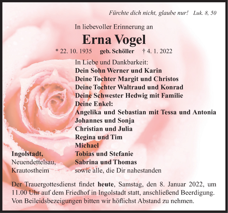  Traueranzeige für Erna Vogel vom 08.01.2022 aus Windsheimer Zeitung Lokal