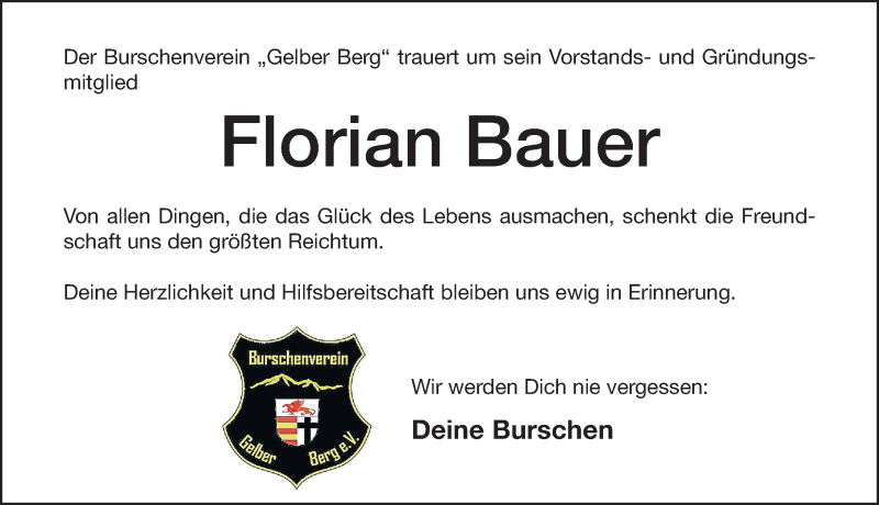  Traueranzeige für Florian Bauer vom 04.01.2022 aus Altmühl-Bote Lokal