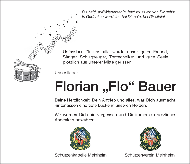  Traueranzeige für Florian Bauer vom 04.01.2022 aus Altmühl-Bote Lokal