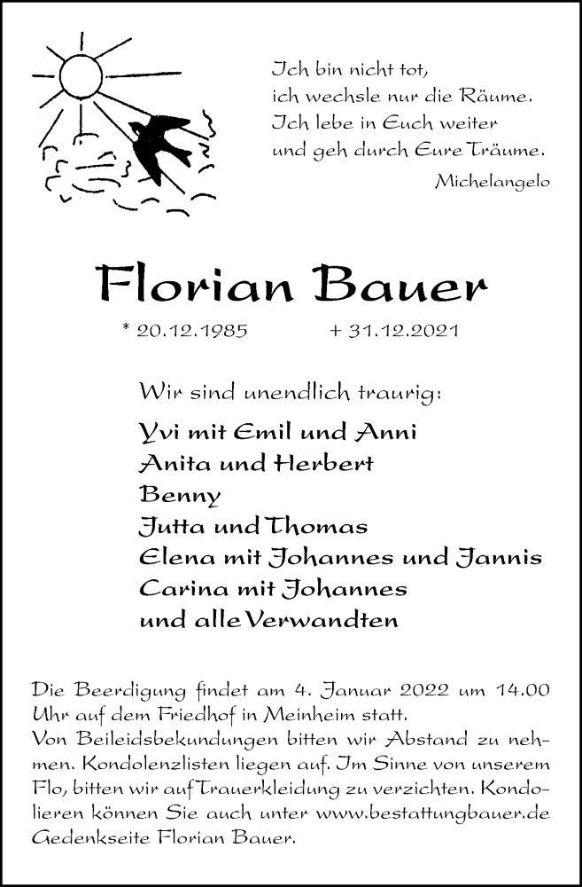  Traueranzeige für Florian Bauer vom 03.01.2022 aus Altmühl-Bote Lokal