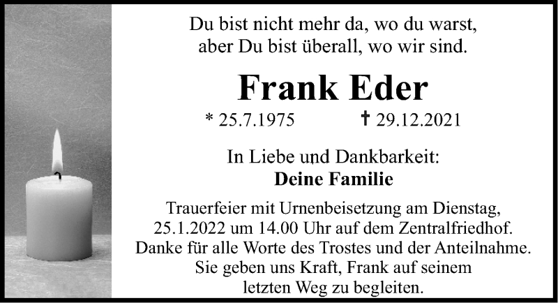  Traueranzeige für Frank Eder vom 22.01.2022 aus Erlanger Nachrichten Lokal
