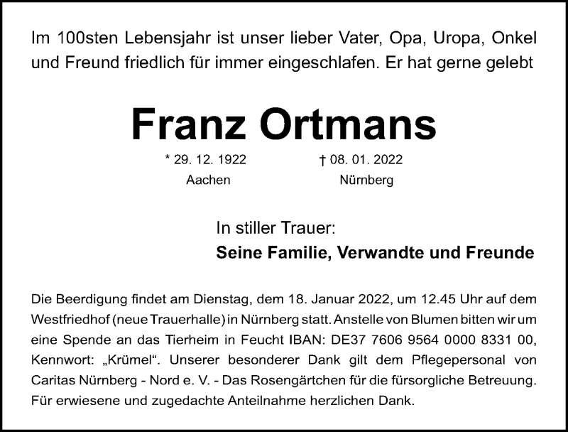  Traueranzeige für Franz Ortmans vom 15.01.2022 aus Gesamtausgabe Nürnberger Nachrichten/ Nürnberger Ztg.