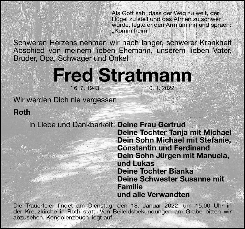  Traueranzeige für Fred Stratmann vom 15.01.2022 aus Roth-Hilpoltsteiner Volkszeitung Lokal