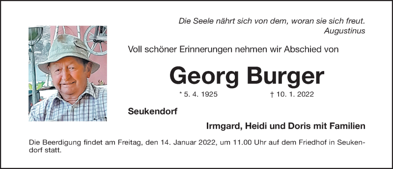  Traueranzeige für Georg Burger vom 12.01.2022 aus Gesamtausgabe Nürnberger Nachrichten/ Nürnberger Ztg./ Fürther Nachrichten