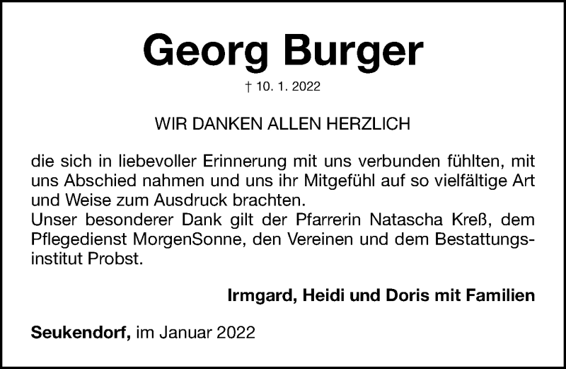  Traueranzeige für Georg Burger vom 22.01.2022 aus Gesamtausgabe Nürnberger Nachrichten/ Nürnberger Ztg./ Fürther Nachrichten