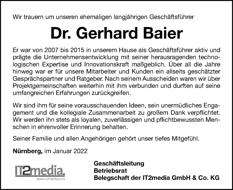  Traueranzeige für Gerhard Baier vom 15.01.2022 aus Gesamtausgabe Nürnberger Nachrichten/ Nürnberger Ztg.