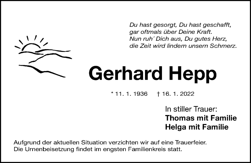  Traueranzeige für Gerhard Hepp vom 22.01.2022 aus Gesamtausgabe Nürnberger Nachrichten/ Nürnberger Ztg.
