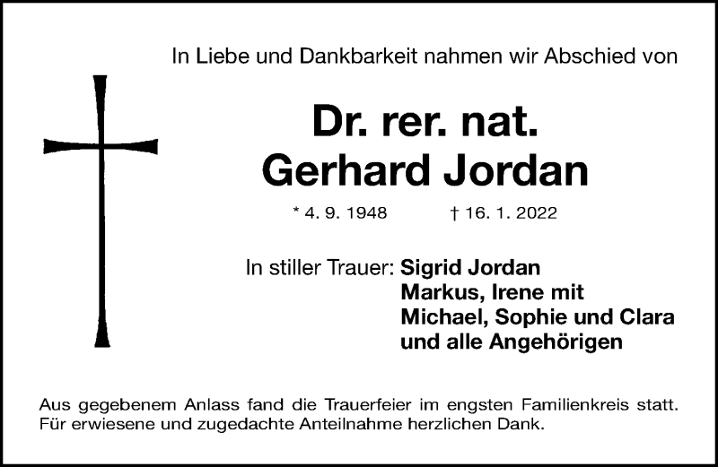  Traueranzeige für Gerhard Jordan vom 22.01.2022 aus Gesamtausgabe Nürnberger Nachrichten/ Nürnberger Ztg.