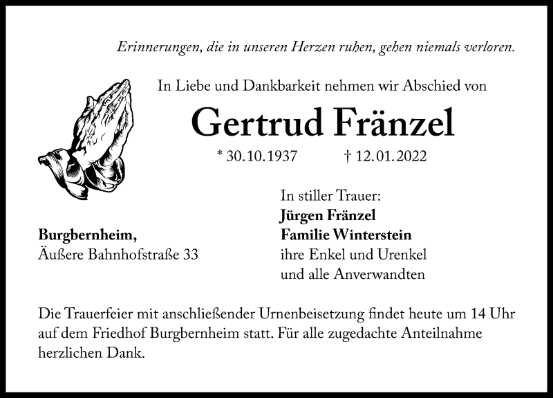  Traueranzeige für Gertrud Fränzel vom 27.01.2022 aus Windsheimer Zeitung Lokal