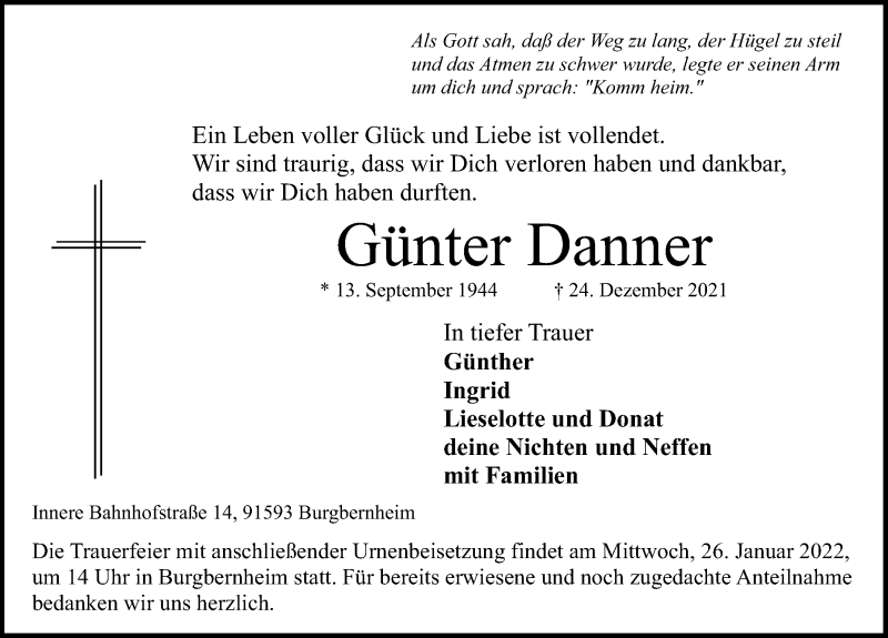  Traueranzeige für Günter Danner vom 15.01.2022 aus Windsheimer Zeitung Lokal