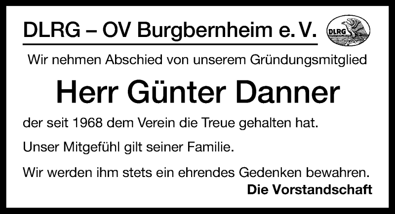  Traueranzeige für Günter Danner vom 19.01.2022 aus Windsheimer Zeitung Lokal