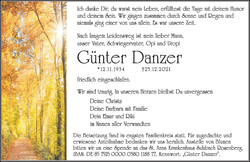  Traueranzeige für Günter Danzer vom 22.01.2022 aus Gesamtausgabe Nürnberger Nachrichten/ Nürnberger Ztg.