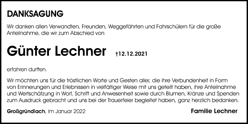  Traueranzeige für Günter Lechner vom 15.01.2022 aus Gesamtausgabe Nürnberger Nachrichten/ Nürnberger Ztg./ Fürther Nachrichten