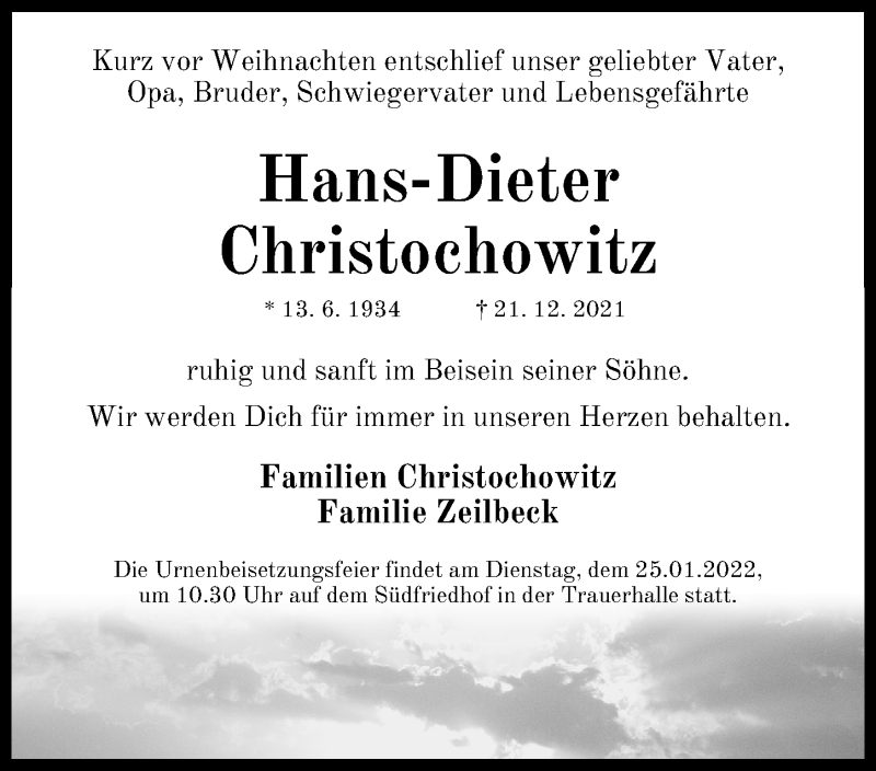  Traueranzeige für Hans-Dieter Christochowitz vom 15.01.2022 aus Gesamtausgabe Nürnberger Nachrichten/ Nürnberger Ztg.