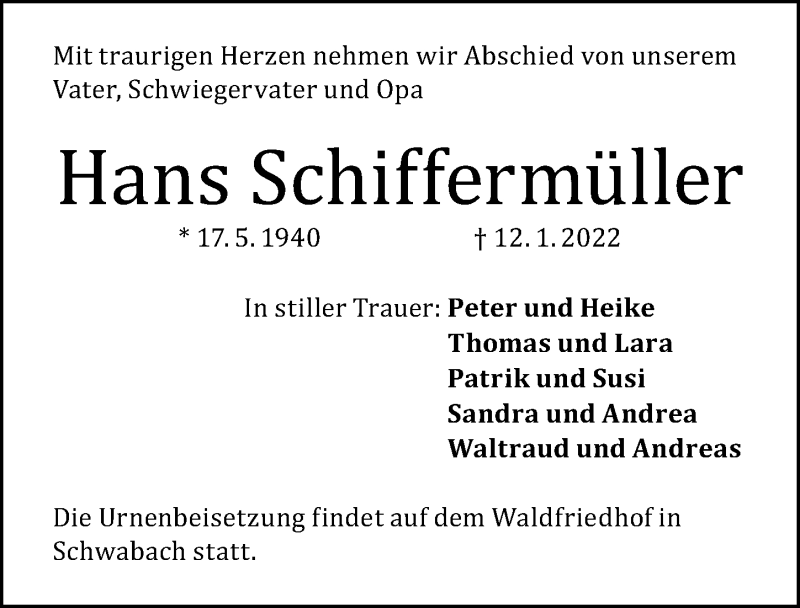  Traueranzeige für Hans Schiffermüller vom 22.01.2022 aus Schwabacher Tagblatt Lokal