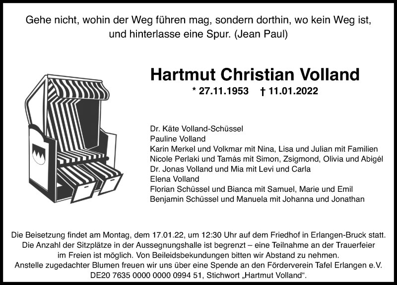  Traueranzeige für Hartmut Christian Volland vom 15.01.2022 aus Erlanger Nachrichten Lokal