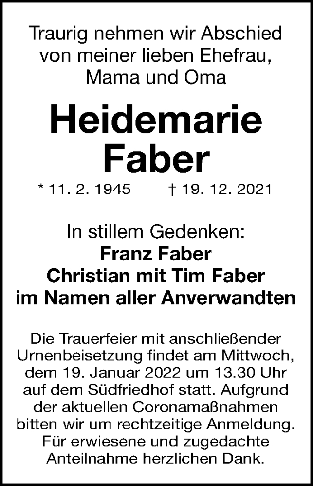  Traueranzeige für Heidemarie Faber vom 15.01.2022 aus Gesamtausgabe Nürnberger Nachrichten/ Nürnberger Ztg.