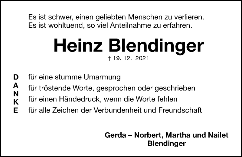  Traueranzeige für Heinz Blendinger vom 15.01.2022 aus Gesamtausgabe Nürnberger Nachrichten/ Nürnberger Ztg.