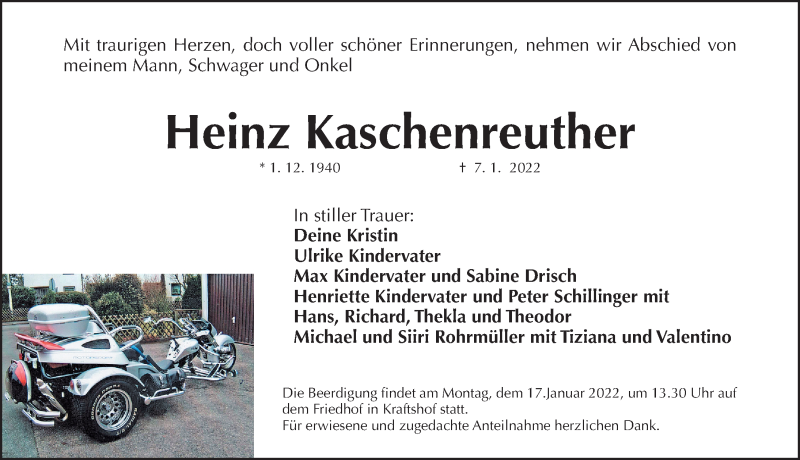 Traueranzeige für Heinz Kaschenreuther vom 15.01.2022 aus Gesamtausgabe Nürnberger Nachrichten/ Nürnberger Ztg.