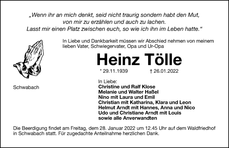  Traueranzeige für Heinz Tölle vom 27.01.2022 aus Schwabacher Tagblatt Lokal