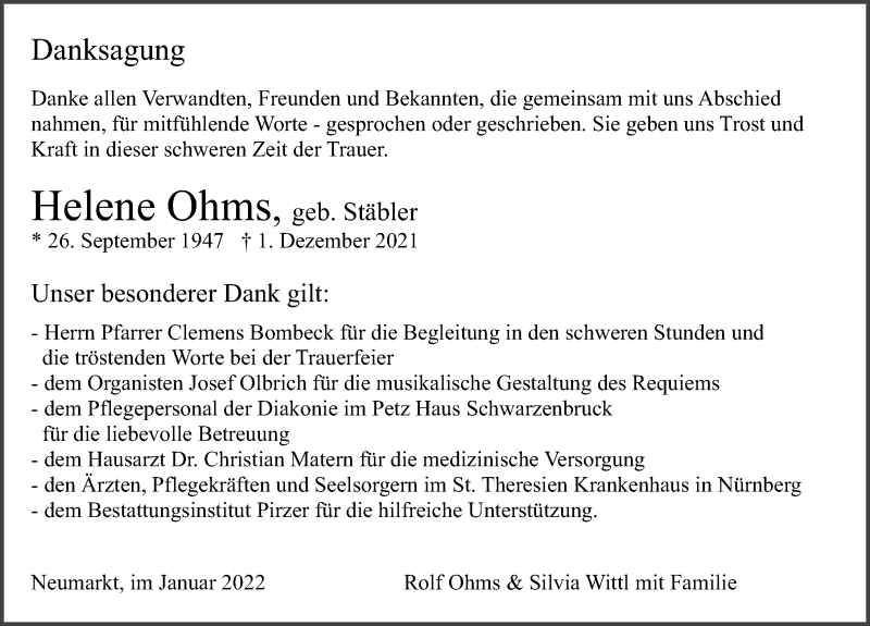  Traueranzeige für Helene Ohms vom 05.01.2022 aus Neumarkter Nachrichten Lokal