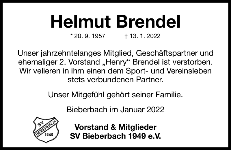  Traueranzeige für Helmut Brendel vom 27.01.2022 aus Nordbayerische Nachrichten Forchheim Lokal